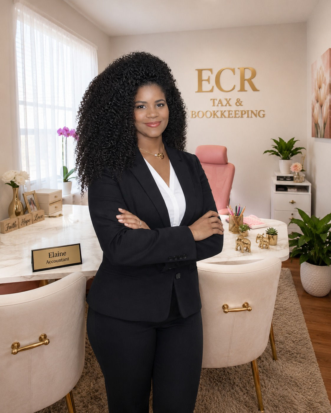 Elaine Reis standing inside the ECR Tax and Bookkeeping office
